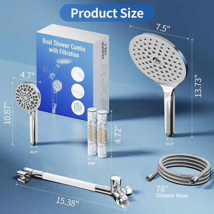 JONKEAN 7.5" Big Filtered Double Shower Head for Hard Water, Dual Shower Heads with Handheld Spray Combo, 9 Modes Waterfall Rain Shower Head High Pressure with Long Hose & Adjustable Bar(Matte Black)