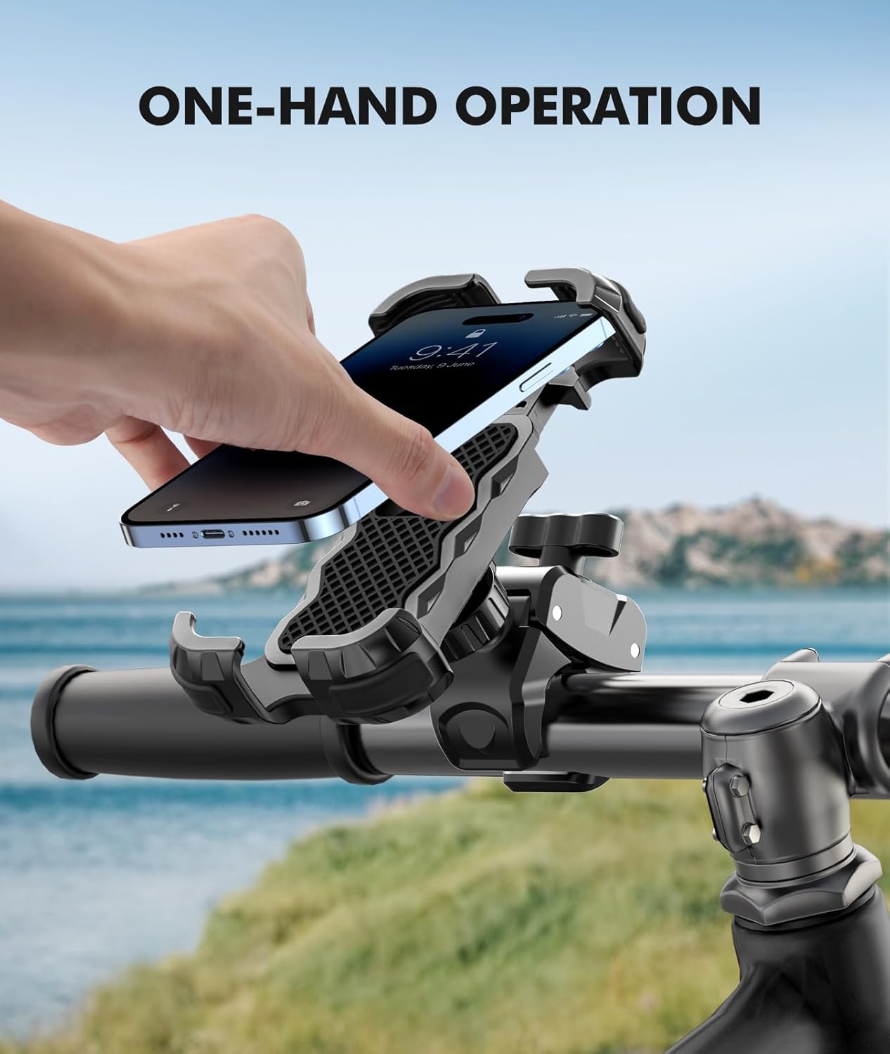 WOCBUY Bike Phone Mount, Upgrade [1s Lock][Secure Protection] Motorcycle Phone Mount, [360° Rotatable] Phone Holder for Bike Handlebar Compatible with iPhone/Samsung 4.7-6.8" Cell Phone