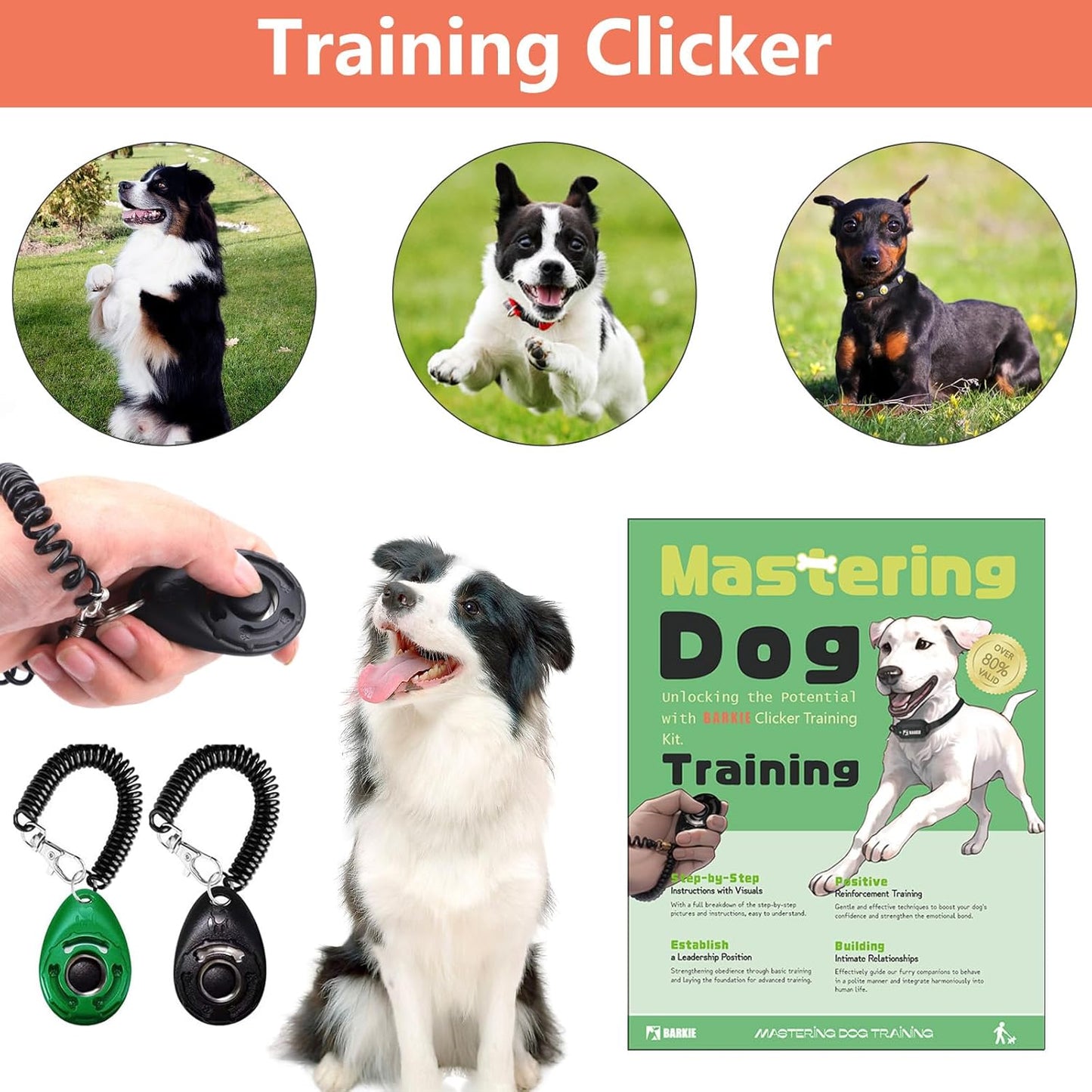Dog Training Kit - Treat Pouch, Pet Training Fanny Pack, 2 Puppy Training Clickers, Ultrasonic Silent Whistle, 2-in-1 Whistle Clicker, Clicker Training Guide Booklet, Dog Poop Bag (Black)