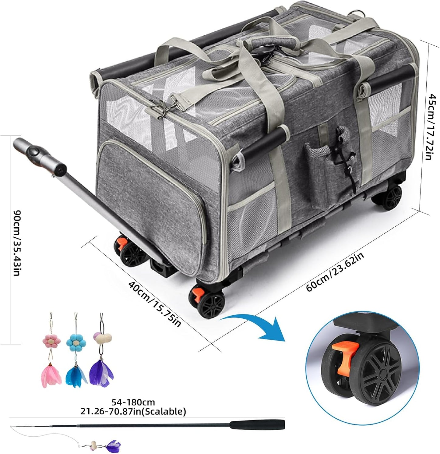 Foldable Large Pet Carrier with Wheels—Accommodates Two Pets, Includes cat Toy and Storage Strap. Breathable and Portable, Ideal for Hiking, Camping, and Travel (Gray)