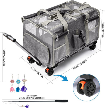Foldable Large Pet Carrier with Wheels—Accommodates Two Pets, Includes cat Toy and Storage Strap. Breathable and Portable, Ideal for Hiking, Camping, and Travel (Gray)