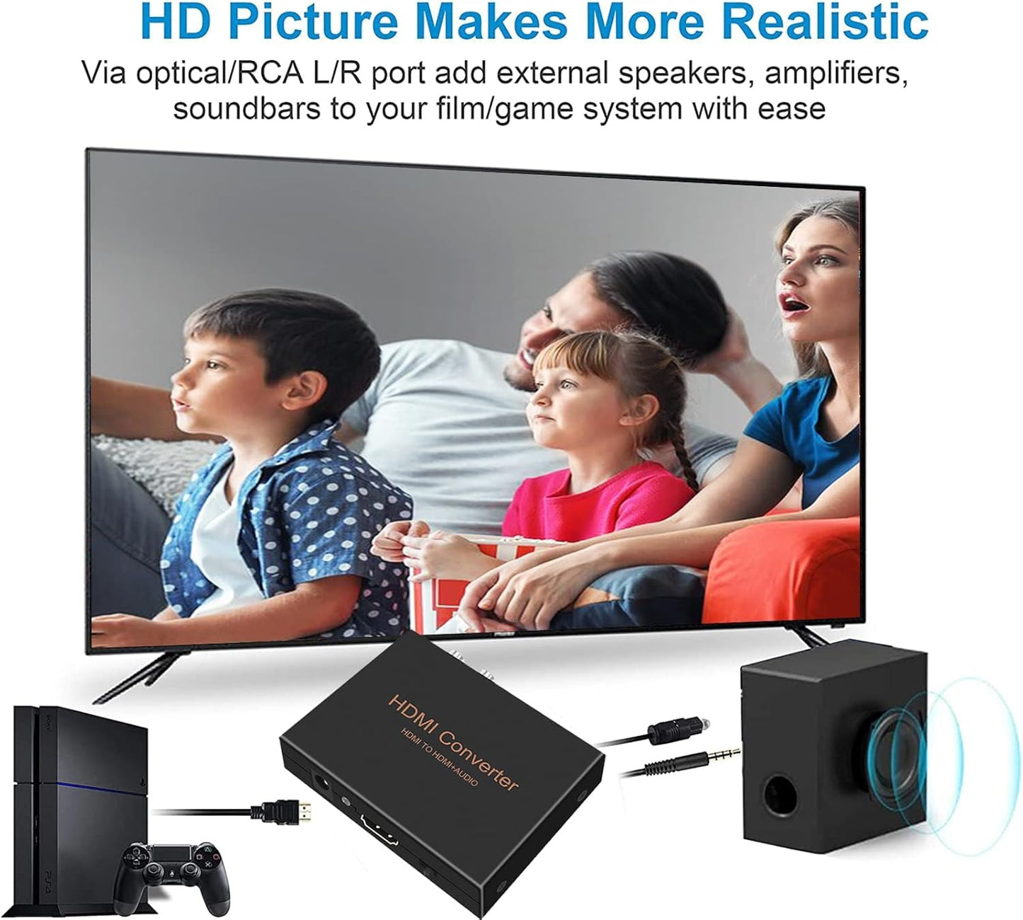 1080P HDMI Audio Extractor, HDMI to HDMI Audio (L/R RCA + Toslink Optical SPDIF) Video Converter Adapter Splitter with Optical Fiber Cable for PS3 PS4 Blu-ray DVD Player Sky HD Box