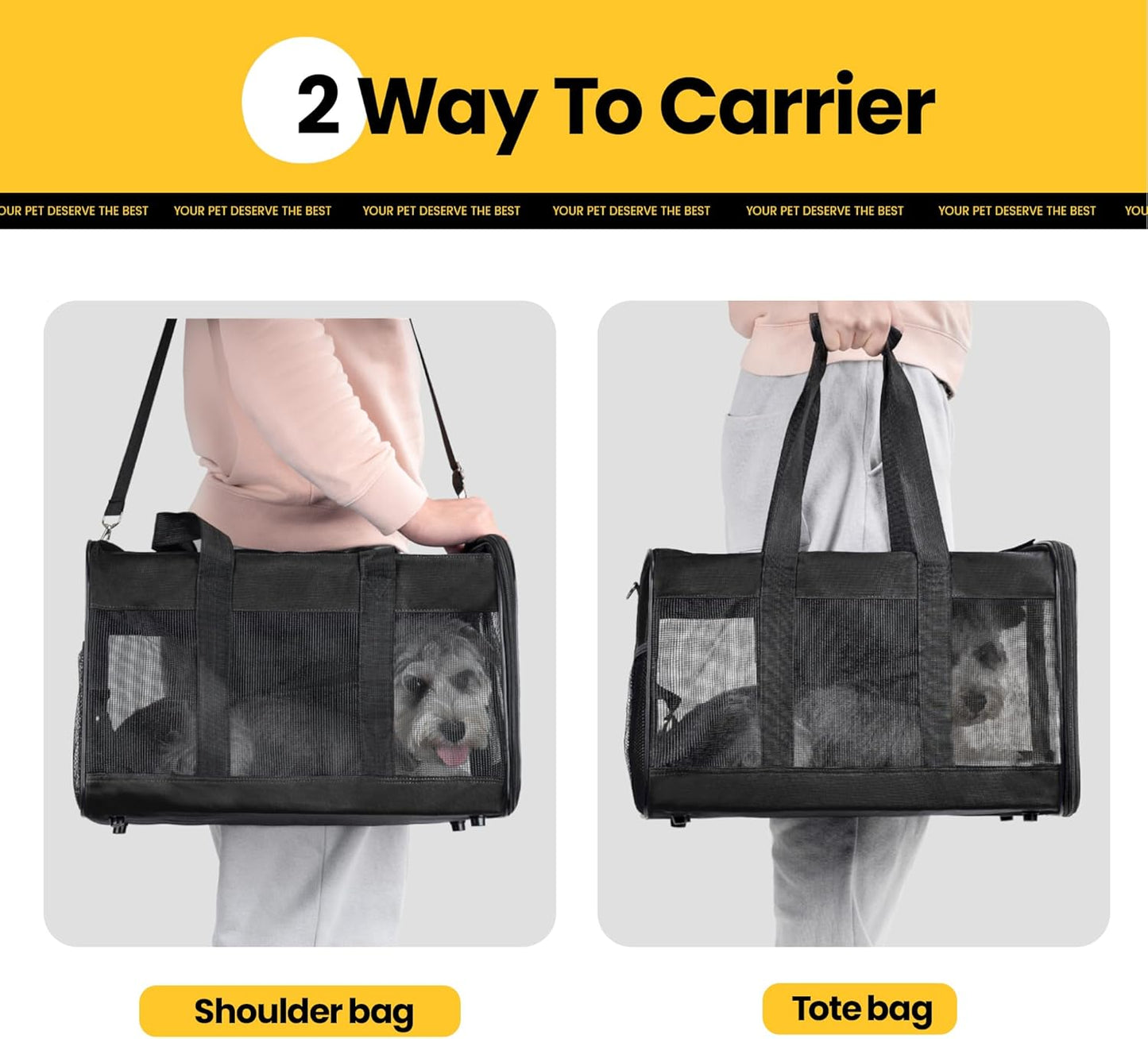 Conlun Cat Carrier Airline Approved, Soft-Sided Dog Carrier with Inner Safety Leash, Pet Transport Carrier for Small-Medium Cats Puppies up to 15 Lbs, Collapsible Travel Kitten Carrier Bag -Black M