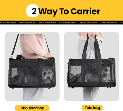 Conlun Cat Carrier Airline Approved, Soft-Sided Dog Carrier with Inner Safety Leash, Pet Transport Carrier for Small-Medium Cats Puppies up to 15 Lbs, Collapsible Travel Kitten Carrier Bag -Black M