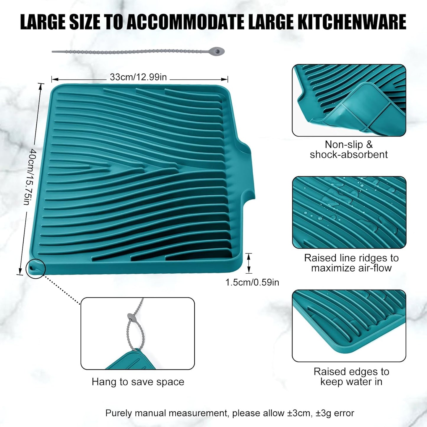 TIKNIK Silicone Dish Drying Mat for Kitchen Counter, Dish Drying Pad, Non-Slip Drain Pad with Built-in Drain, Heat Resistant Stone Drying Mat(40 L x 33 W cm, Grey)