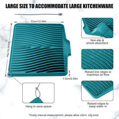 TIKNIK Silicone Dish Drying Mat for Kitchen Counter, Dish Drying Pad, Non-Slip Drain Pad with Built-in Drain, Heat Resistant Stone Drying Mat(40 L x 33 W cm, Grey)