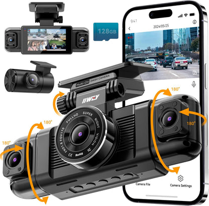 IIWEY N5 4 Channel Dash Cam, 360° All-Sides View, FHD 1080P Front and Rear Inside, Left Right Dash Camera for Cars, 8 IR Lamps, 5G WiFi & APP Control, 24H Parking Mode, G-Sensor, with a 128GB SD Card