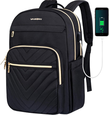 VANKEAN Laptop Backpack for Women Men Work Laptop Bag Fashion with USB Port, Daypacks for College, Business (Black, 15.6 Inch)