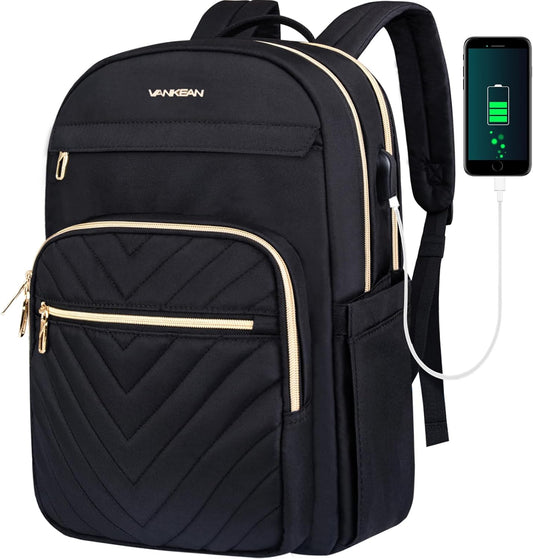 VANKEAN Laptop Backpack for Women Men Work Laptop Bag Fashion with USB Port, Daypacks for College, Business (Black, 15.6 Inch)