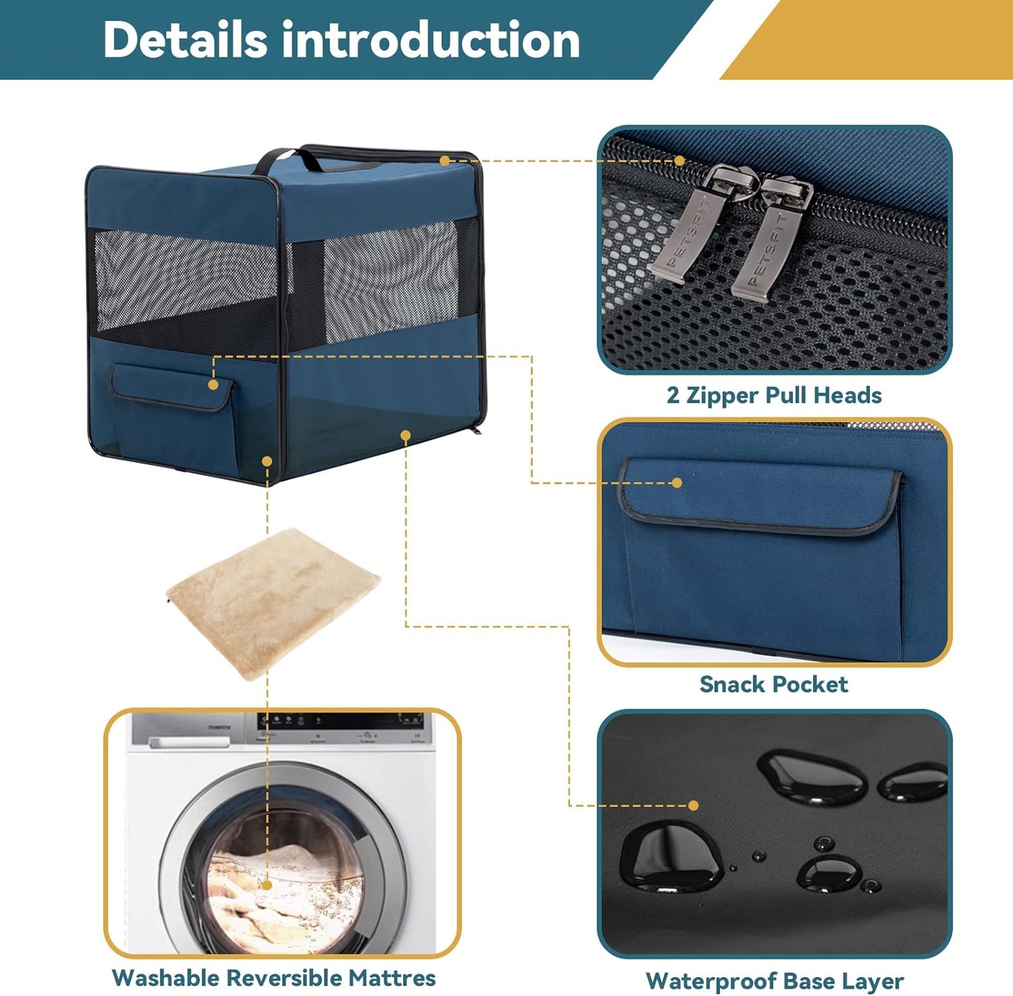 PETSFIT Soft Sided Dog Crate, Travel Dog Crate - 19 Inch Lightweight, Roomy, Easy to Set Up, Sturdy Portable Dog Kennel with Thick Mat, Navy Blue