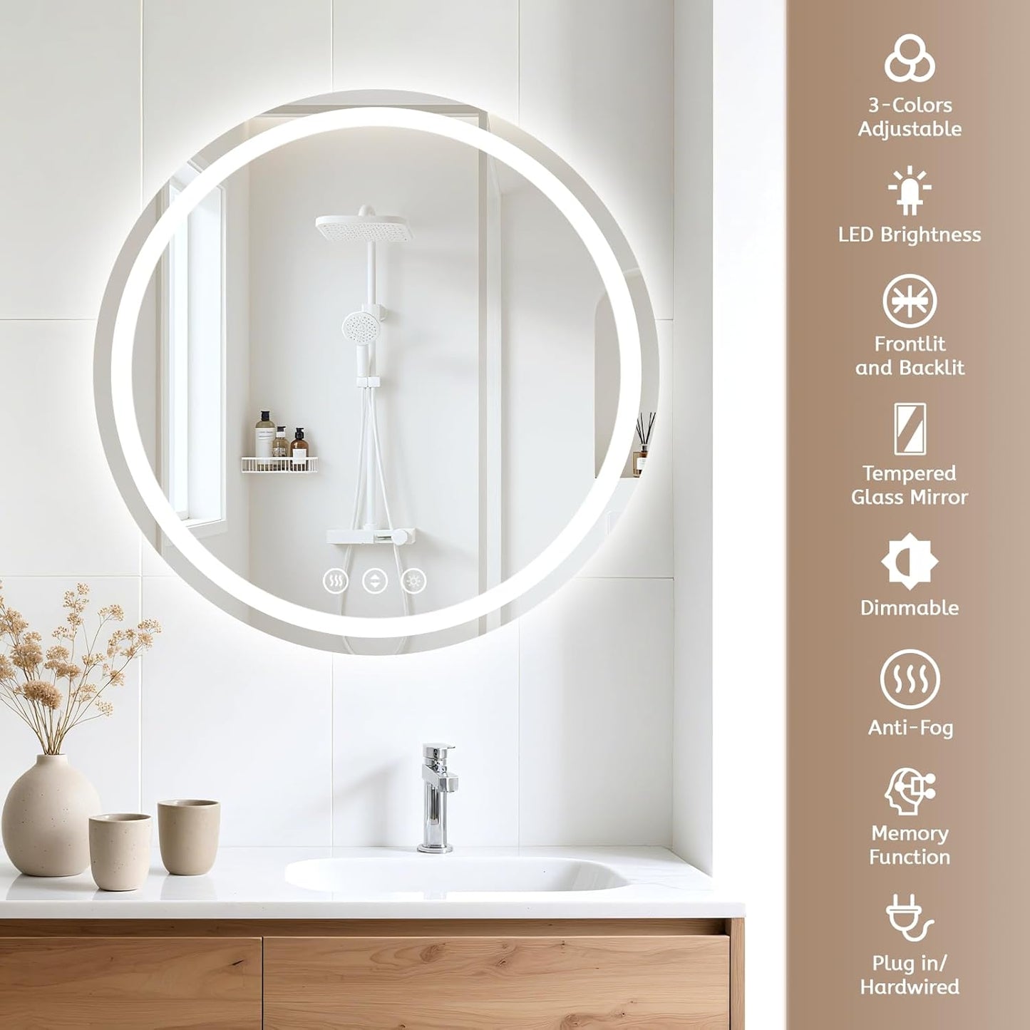 Lmsedf 24" x 32"Rectangle LED Bathroom Mirror with Lights, Backlit & Front Lighted, Wall-Mounted Vanity Mirror 3000K/4000K/6000K, Memory Functions, Anti-Fog, Dimmable Smart Mirror