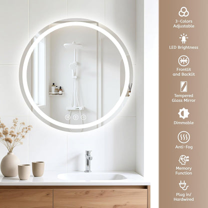Lmsedf 24" x 32"Rectangle LED Bathroom Mirror with Lights, Backlit & Front Lighted, Wall-Mounted Vanity Mirror 3000K/4000K/6000K, Memory Functions, Anti-Fog, Dimmable Smart Mirror
