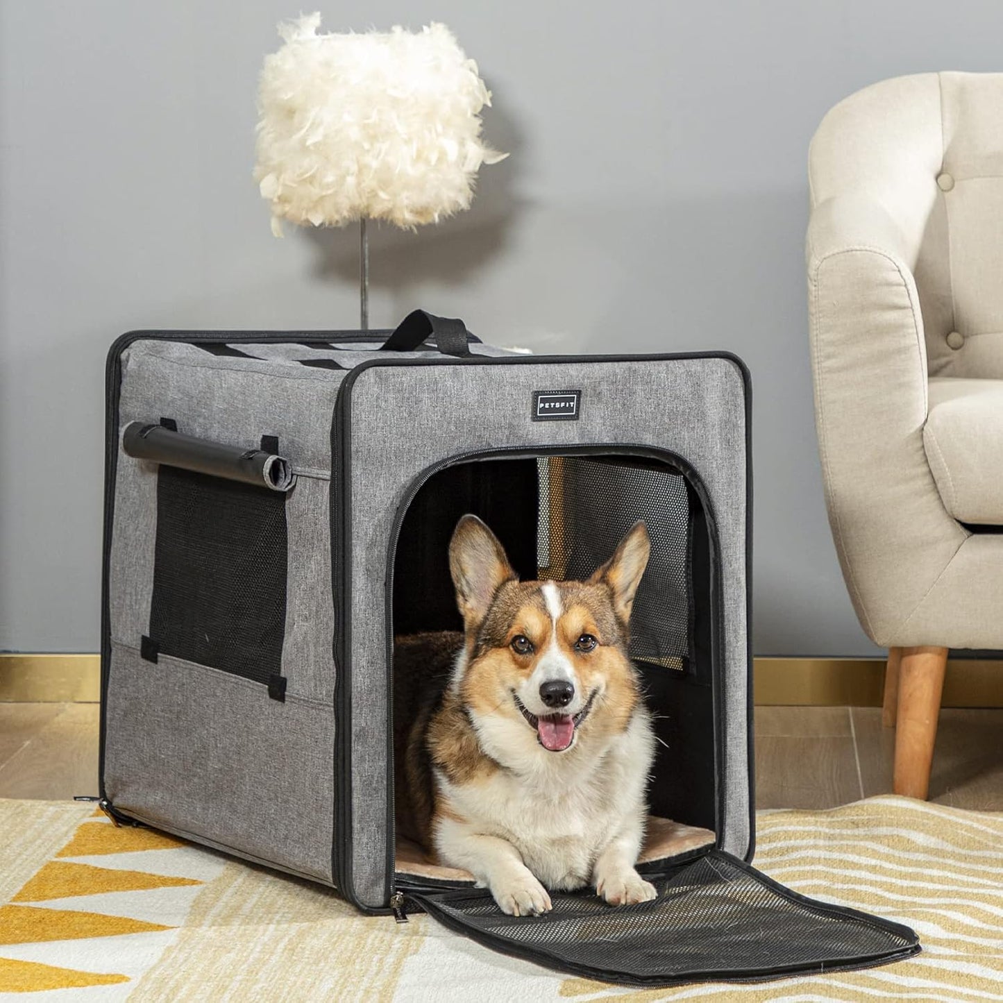 PETSFIT Soft Sided Dog Crate, Travel Dog Crate - 19 Inch Lightweight, Roomy, Easy to Set Up, Sturdy Portable Dog Kennel with Thick Mat, Navy Blue