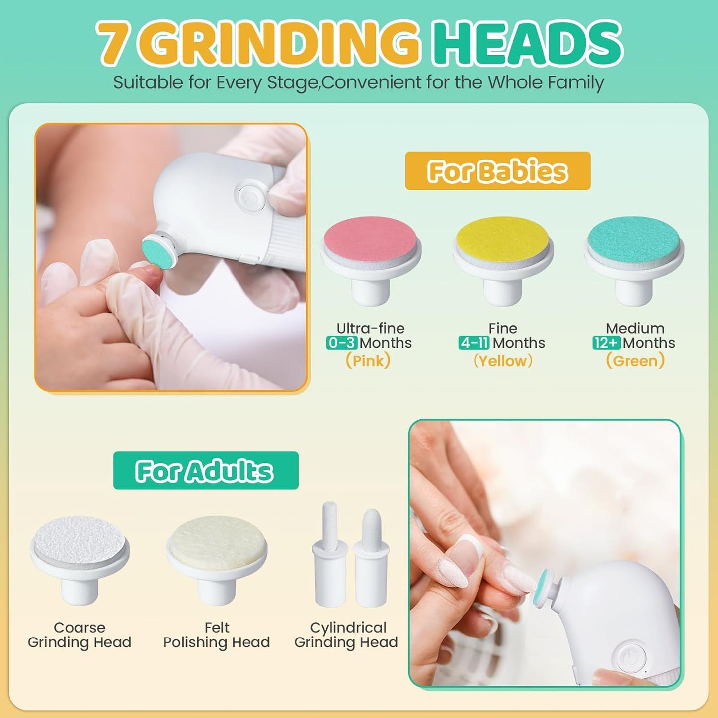IvyWind Electric Baby Nail File, 7 in 1 Grinding Heads Baby Nail Trimmer, Automatic Baby Nail Clippers for Infant Newborn Toddler Kid Adult, Manicure Fingernail Care Set, 2 Speeds, USB Rechargeable, White