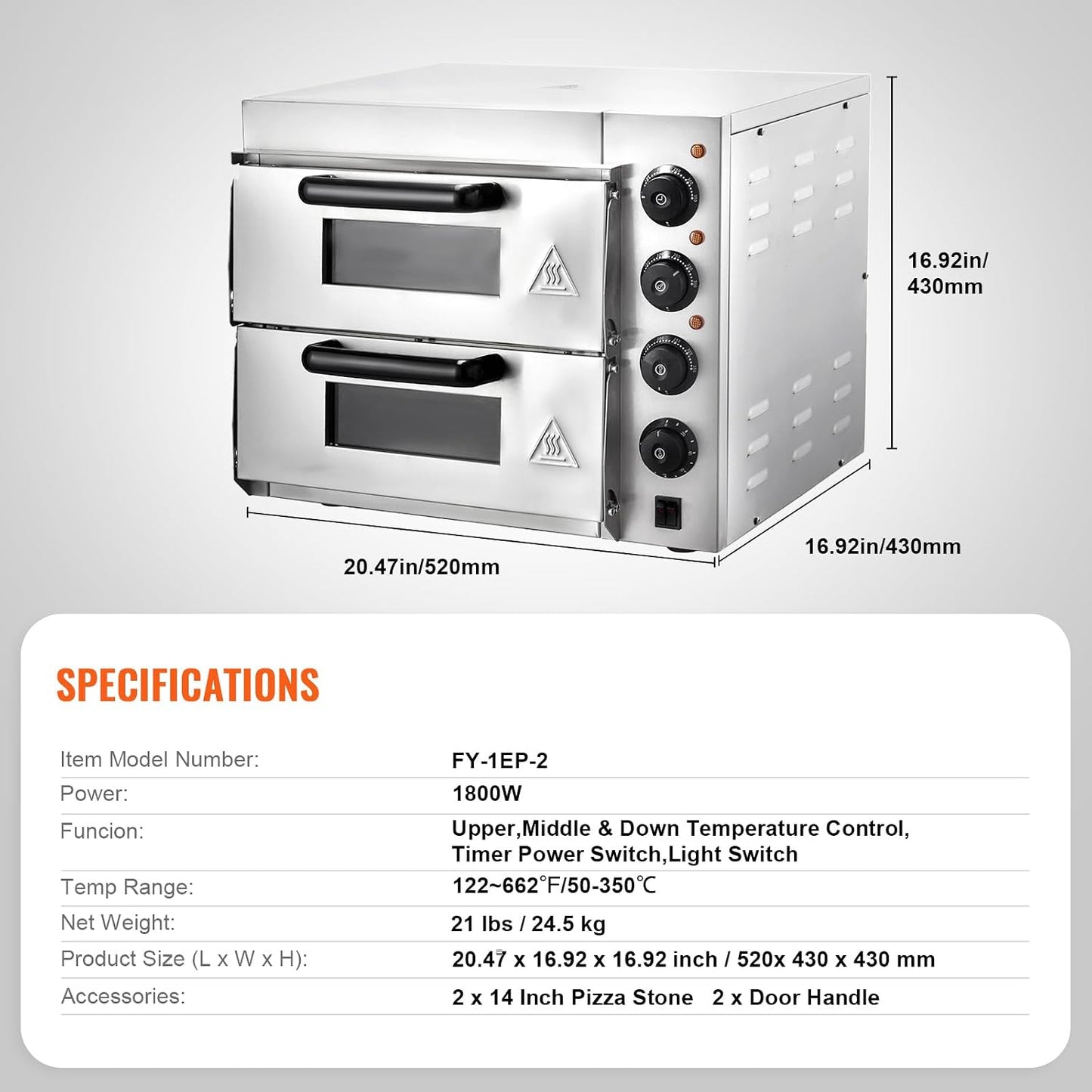 Commercial Countertop Pizza Oven, 14-Inch Dual-Layer Design, Stainless Steel Electric Pizza Maker with Stone and Handle, Versatile Indoor Baking Appliance for Home and Restaurant Use