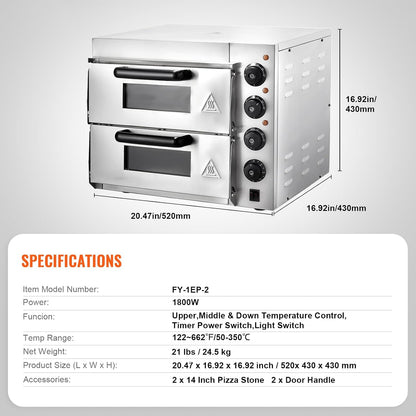 Commercial Countertop Pizza Oven, 14-Inch Dual-Layer Design, Stainless Steel Electric Pizza Maker with Stone and Handle, Versatile Indoor Baking Appliance for Home and Restaurant Use