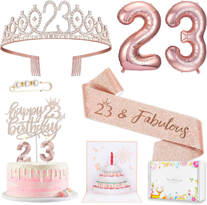 8pcs 40th Birthday Decorations gifts for Women, Including 40th Happy Birthday Cake Topper, Queen Sash with Pearl Pin, Sweet Rhinestone Tiara Crown for Women, Number Candles and Balloons (Rose Gold)