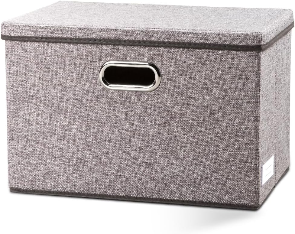 PRANDOM Large Foldable Storage Bin with Lid [1-Pack] Linen Fabric Decorative Storage Box Organizer Containers Basket Cube with Handles Divider for Bedroom Closet Office Living Room (17.7x11.8x11.8")