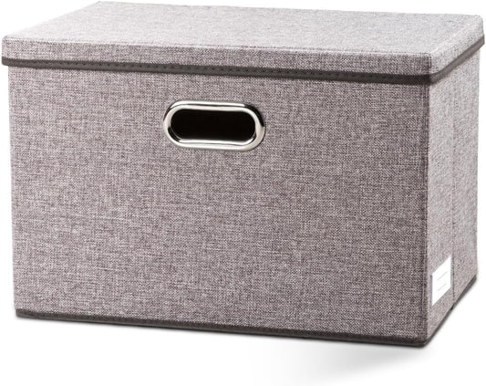 PRANDOM Large Foldable Storage Bin with Lid [1-Pack] Linen Fabric Decorative Storage Box Organizer Containers Basket Cube with Handles Divider for Bedroom Closet Office Living Room (17.7x11.8x11.8") - PuriLite