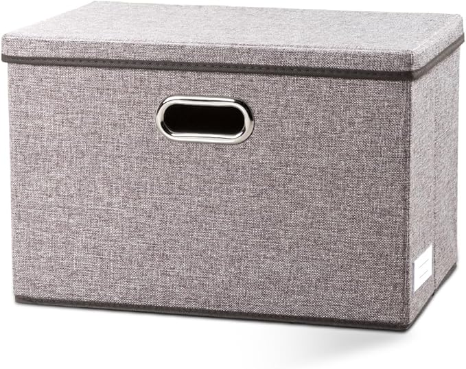 PRANDOM Large Foldable Storage Bin with Lid [1-Pack] Linen Fabric Decorative Storage Box Organizer Containers Basket Cube with Handles Divider for Bedroom Closet Office Living Room (17.7x11.8x11.8")