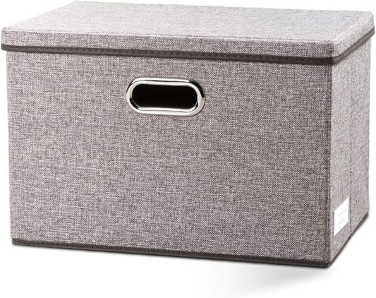 PRANDOM Large Foldable Storage Bin with Lid [1-Pack] Linen Fabric Decorative Storage Box Organizer Containers Basket Cube with Handles Divider for Bedroom Closet Office Living Room (17.7x11.8x11.8")