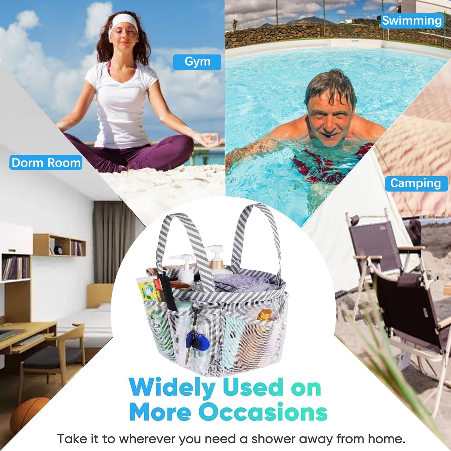 Mesh Shower Caddy Tote, Large College Dorm Bathroom Caddy Organizer with Key Hook and 2 Oxford Handles, Quick Hold, 8 Basket Pockets for Camp Gym