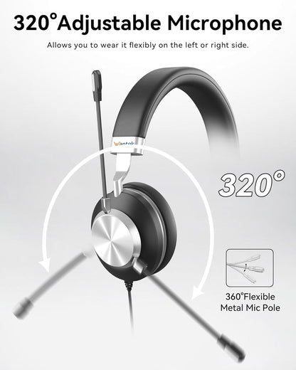Wantek USB Headset with Microphone for PC, On-Ear Headphones - Computer Laptop Wired Headset with Mic Noise Cancellation & Volume Control for Work Home Office Online Classroom Zoom Skype