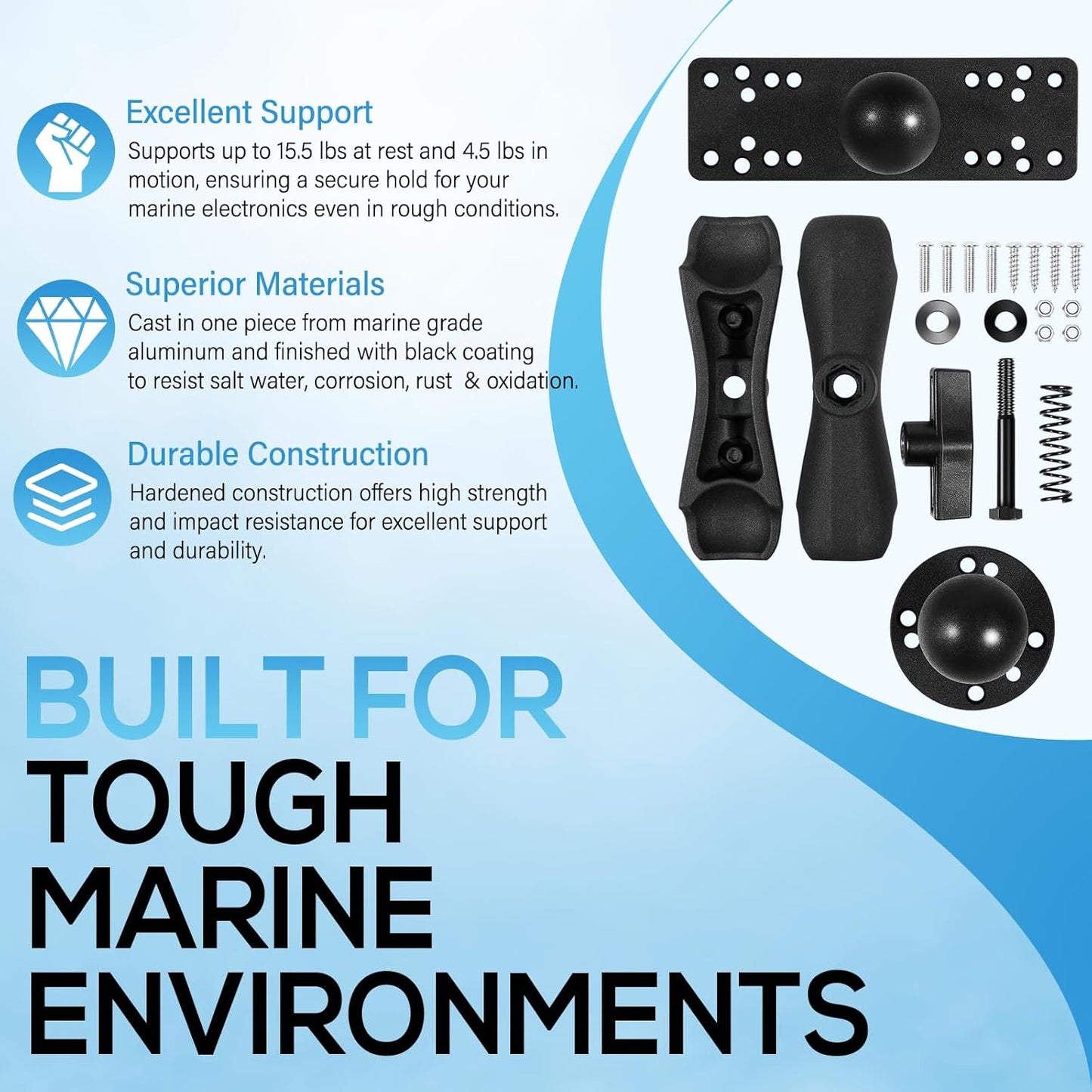 Aluminum Fish Finder Mount with 1.5" / C Size Ball, Medium Arm Marine Electronic Depth Finder Mount for Boat, 360° Rotation, Fits for Garmin, Lowrance, Humminbird, and More
