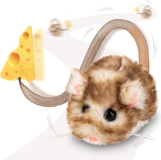 Migipaws Interactive MigiMouse Cat Toy 360° Rolling & Spin with Wiggling Tail for Indoor Cats Smart Motion Sensor, Realistic Squeak, Rechargeable Plush Kitten Toy (Brown Long Plush)