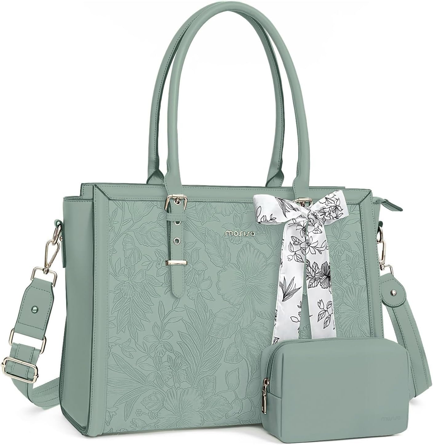 MOSISO Laptop Bag for Women, 17-17.3 inch PU Leathe Tote Bag Compatible with MacBook, HP, Dell, Asus Notebook, Front Embossed Retro Hibiscus Computer Bag with Silk Scarf&Clutch Purse, Gray - PuriLite