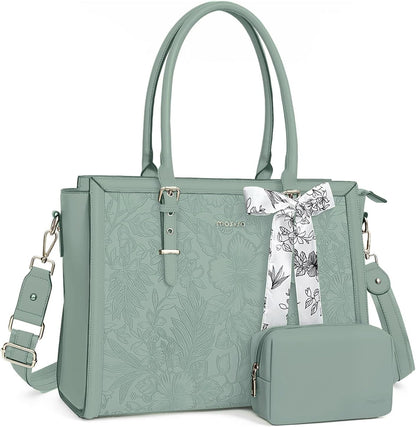 MOSISO Laptop Bag for Women, 17-17.3 inch PU Leathe Tote Bag Compatible with MacBook, HP, Dell, Asus Notebook, Front Embossed Retro Hibiscus Computer Bag with Silk Scarf&Clutch Purse, Gray - PuriLite