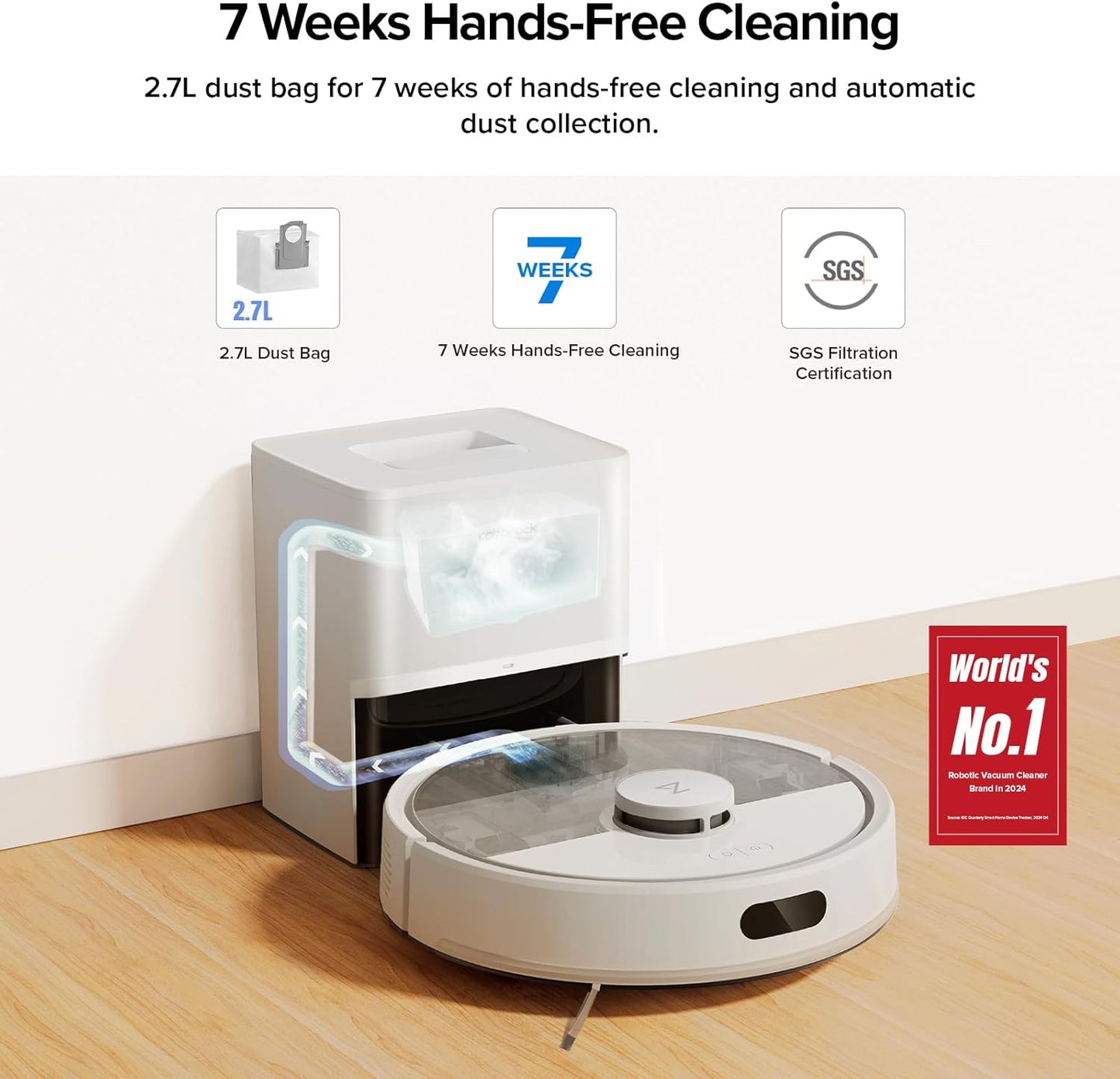 roborock Q7 M5+ Robot Vacuum and Mop, Upgraded from Q5 Max+, 7 Weeks Self-Emptying, 10000Pa Suction, Dual Anti-Tangle System, for Pet Hair & Carpet, PreciSense LiDAR Navigation, App Control, White