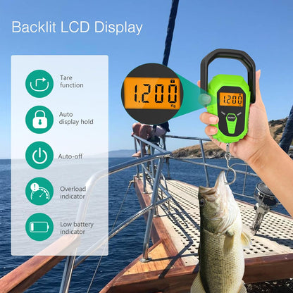 ORIA Digital Fish Scale With Ruler and Gripper, Baggage Weighing Scale, Backlit LCD Display, Portable for Outdoor Fishing (Green)