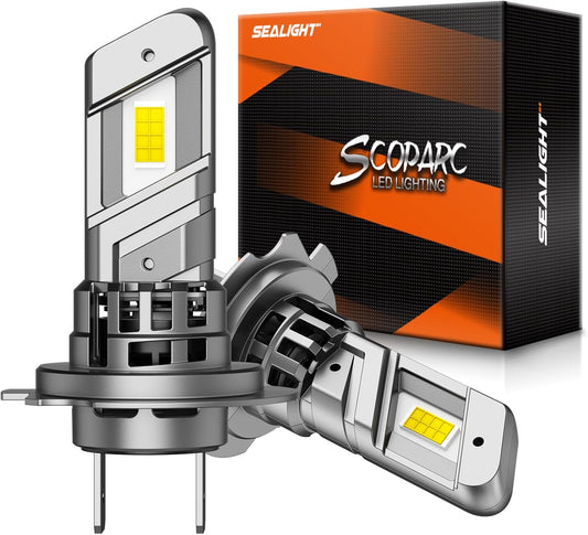 SEALIGHT H7 LED Headlight Bulbs, 800% Super Bright, 6500K Cool White Light Bulbs with Cooling Fan, 1:1 Mini Size H7 led headlight,H7 Halogen Replacement 3 Mins Plug-N-Play, Pack of 2