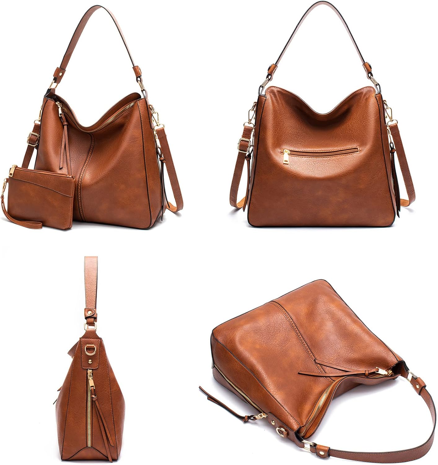 Hobo Bags for Women Handbags Purse Ladies Boho Shoulder Bag Crossbody Purses PU Leather Brown 2PCS