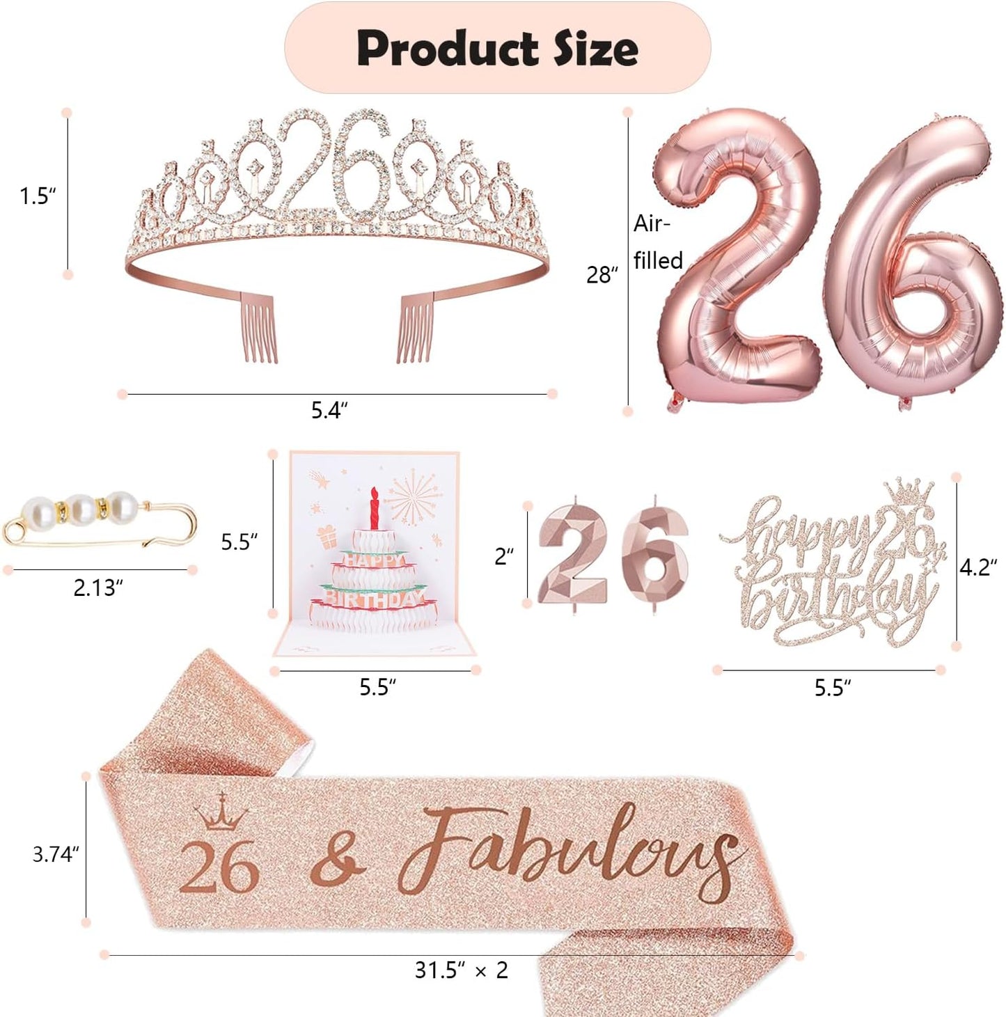 8pcs 40th Birthday Decorations gifts for Women, Including 40th Happy Birthday Cake Topper, Queen Sash with Pearl Pin, Sweet Rhinestone Tiara Crown for Women, Number Candles and Balloons (Rose Gold)