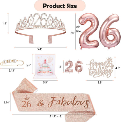 8pcs 40th Birthday Decorations gifts for Women, Including 40th Happy Birthday Cake Topper, Queen Sash with Pearl Pin, Sweet Rhinestone Tiara Crown for Women, Number Candles and Balloons (Rose Gold)