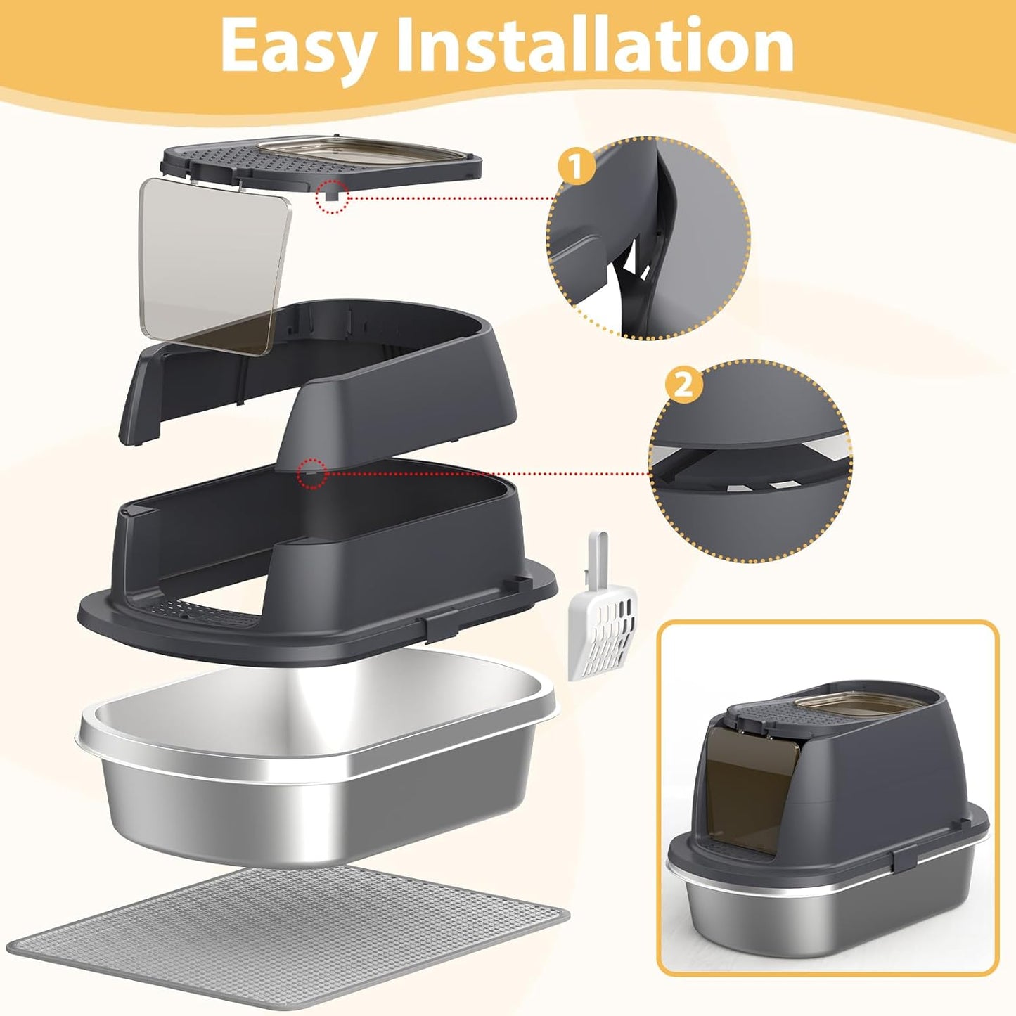 OGEMXU Stainless Steel Litter Box with Lid, Top Entry Covered Kitten Litter Box, Enclosed Litter Tray for Easy Cleaning & Odor Control, Includes Scoop and Litter Mat, Gray