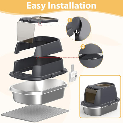OGEMXU Stainless Steel Litter Box with Lid, Top Entry Covered Kitten Litter Box, Enclosed Litter Tray for Easy Cleaning & Odor Control, Includes Scoop and Litter Mat, Gray