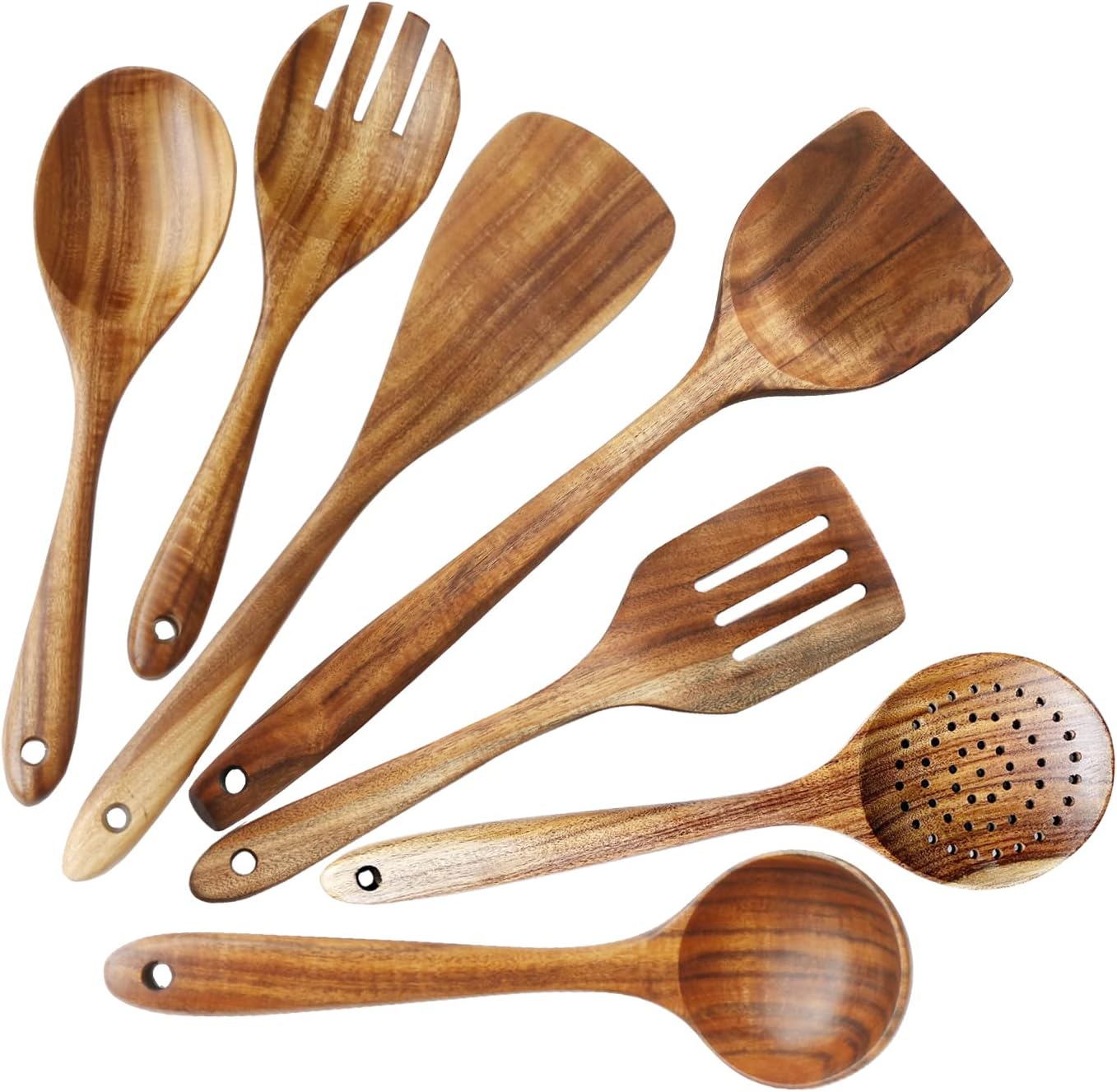 Wooden Spoons for Cooking, ADLORYEA Wood Kitchen Utensils Set, Natural Teak Wooden Cooking Utensils set for Nonstick Cookware, 7-Piece Sturdy Eco-friendly and Healthy Wooden Spatula for Cooking