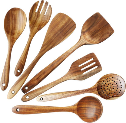 Wooden Spoons for Cooking, ADLORYEA Wood Kitchen Utensils Set, Natural Teak Wooden Cooking Utensils set for Nonstick Cookware, 7-Piece Sturdy Eco-friendly and Healthy Wooden Spatula for Cooking