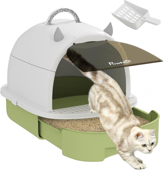 PawHut Cat Litter Box with Lid, Drawer Style Enclosed Kitty Litter Box with Front Door Flap, Scoop, Handle, Easy Clean, Cat Litter Tray for Small and Medium Cats, Green