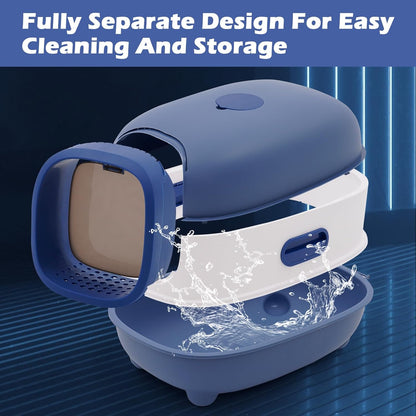 Ultra Large Fully Enclosed Cat Litter Box,Self Cleaning Cat Litter Tray for Cats with Automatic Anti-Sand Cage,Easy to Clean,Deodorize,Splash Proof Litter Box with Lid,55x38x36cm (Blue)
