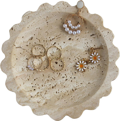 Natural Travertine Scalloped Edge Jewelry Dish, Marble Small Round Jewelry Tray, Trinket Dish Ring Dish for Women Gift