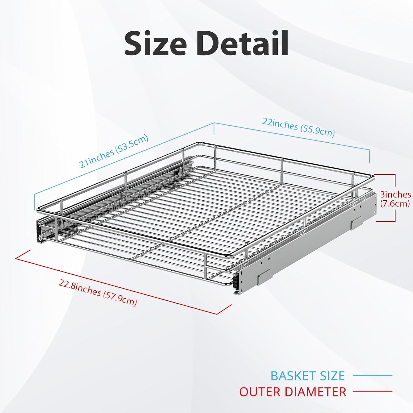 Pull Out Cabinet Organizer, Versatile Slide Out Kitchen Organizers and Storage, Heavy Duty Drawer Cupboard Storage Basket, Smooth Sliding, Chrome Finish (Outside Dimensions: 22.8”W x 21”D)