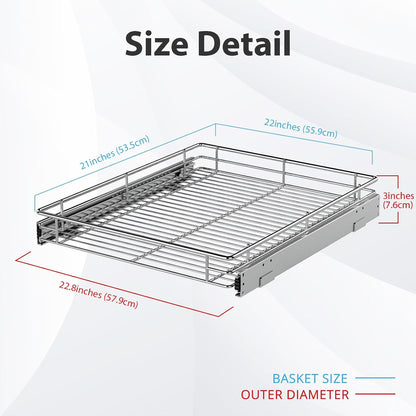 Pull Out Cabinet Organizer, Versatile Slide Out Kitchen Organizers and Storage, Heavy Duty Drawer Cupboard Storage Basket, Smooth Sliding, Chrome Finish (Outside Dimensions: 22.8”W x 21”D)
