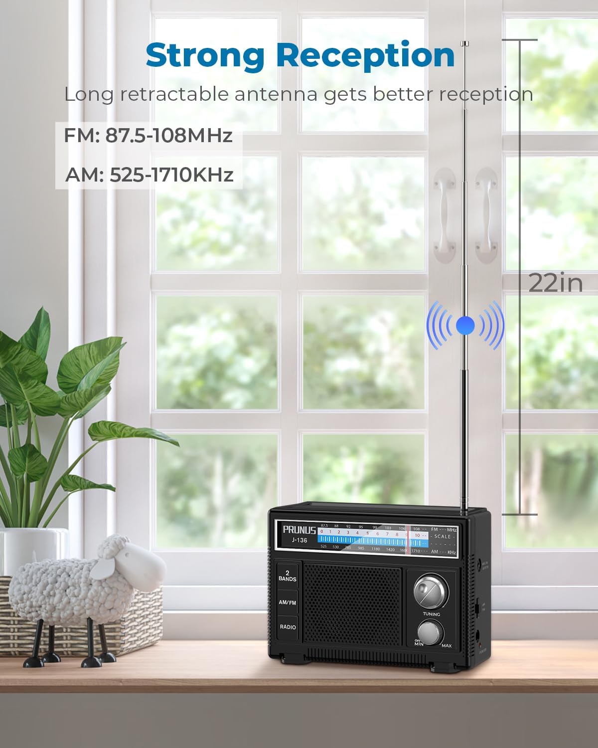 PRUNUS J-136 Portable Radio AM FM Battery Operated and Plug in Wall Transistor Radio Loud Speaker Support AUX in and Micphone in, Small Radios Portable AM FM