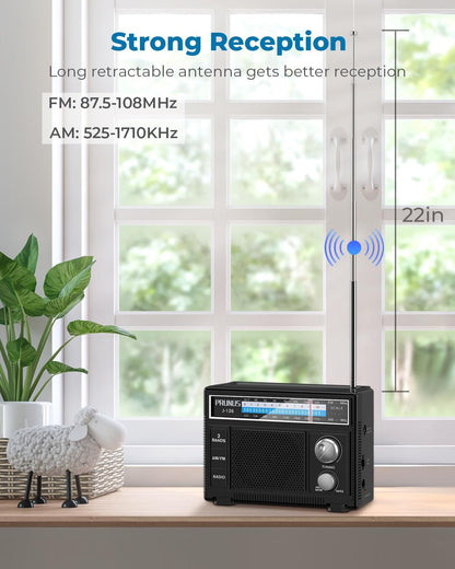 PRUNUS J-136 Portable Radio AM FM Battery Operated and Plug in Wall Transistor Radio Loud Speaker Support AUX in and Micphone in, Small Radios Portable AM FM