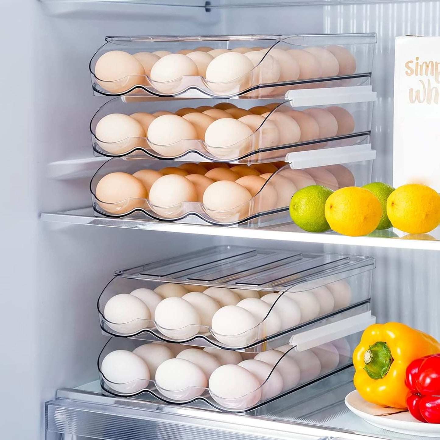 Auto Rolling Egg Storage for Fridge | Stackable Egg Organizer | Refrigerator Egg Holder with Lid | Kitchen Fridge Storage Box | Space Saving Egg Container