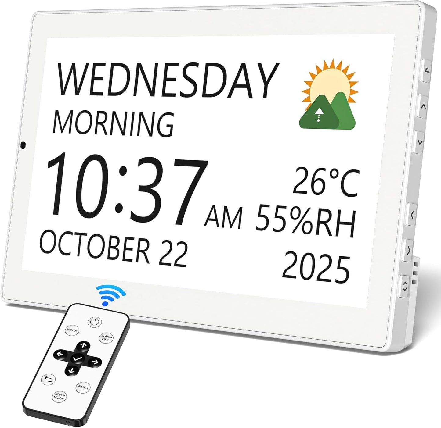 10.1'' Large Display Dementia Clock for Seniors, Calendar Clock with Remote Control,12 Themes, 20 Alarms, 20 Reminders, 6 Languages, Auto Dimming, 12/24 Hours, Indoor Temperature, Humidity